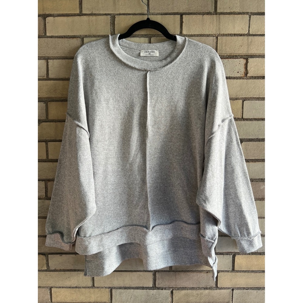 Zenana Heather Grey Exposed Seam Drop Shoulder High Low Sweatshirt Oversized XS